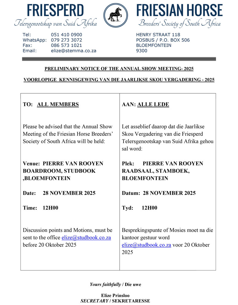 Kennisgewing van die Jaarlikse Skouvergadering 